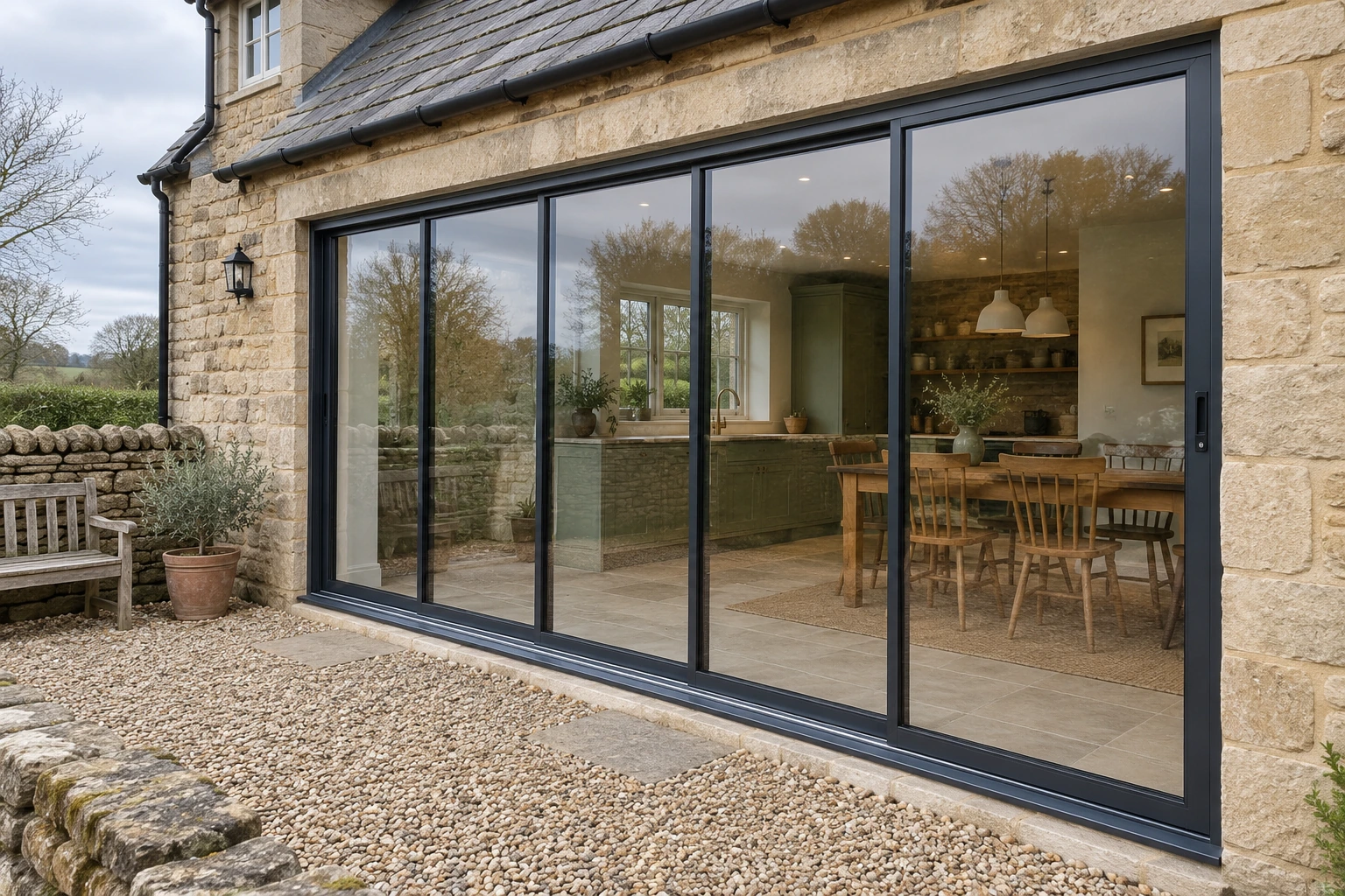 Anthracite five-panel sliding patio doors on stone cottage