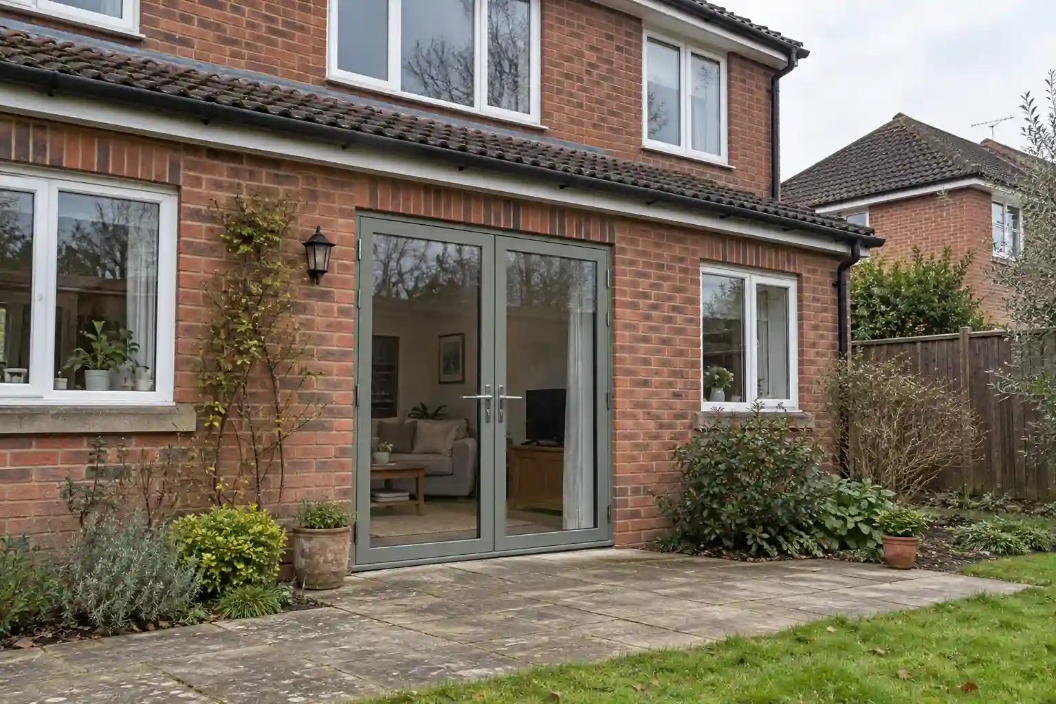 Cortizo cement green grey French doors with clear glazing and chrome handles