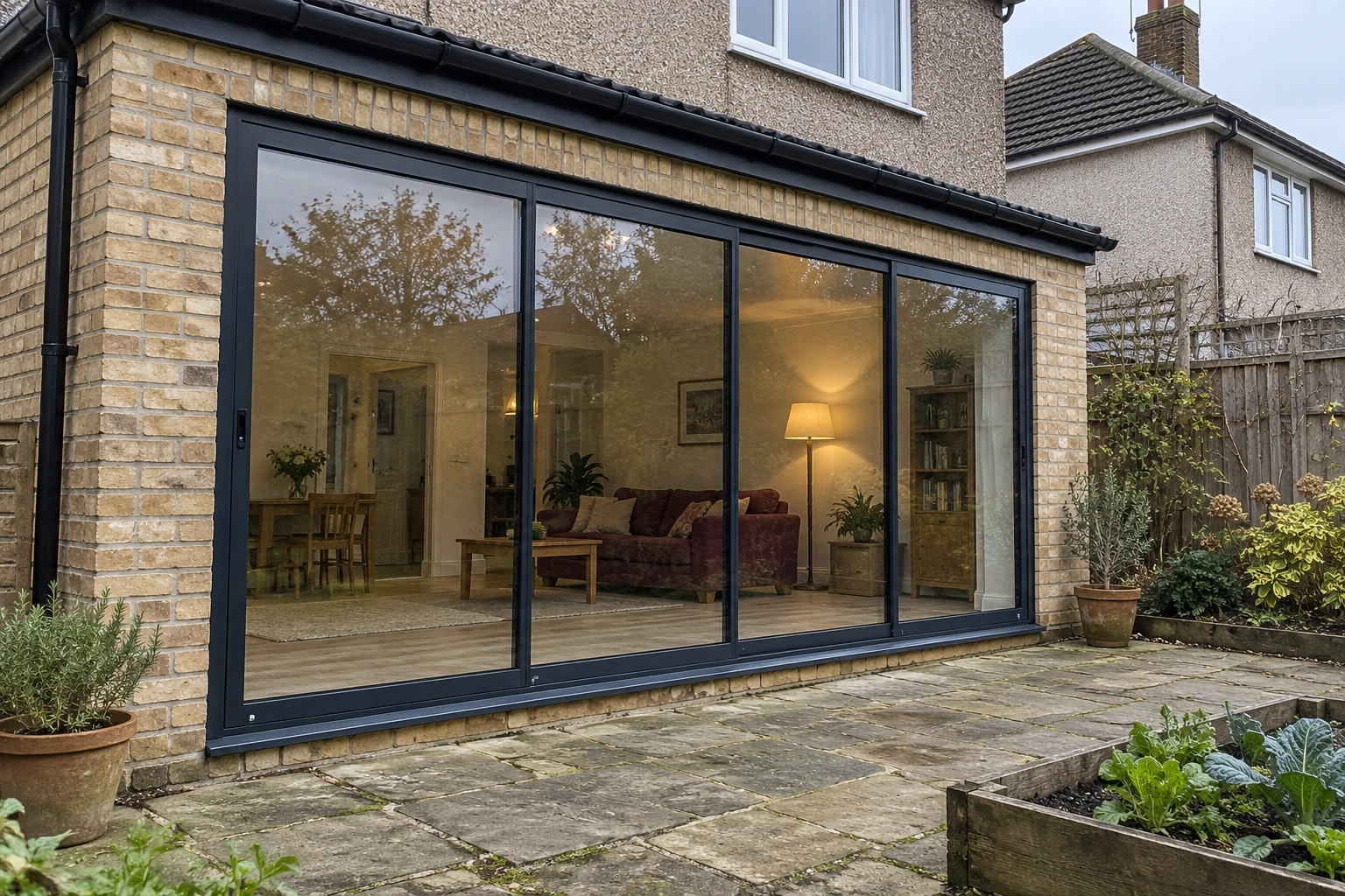 Anthracite four-panel sliding patio doors on pebbledash semi-detached house