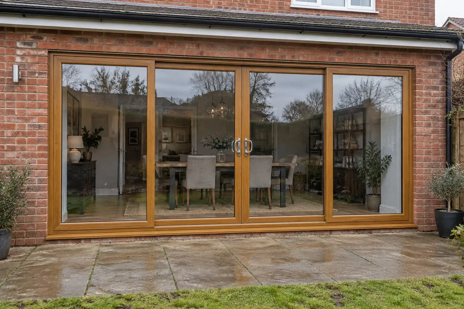 Golden oak four-panel sliding patio doors