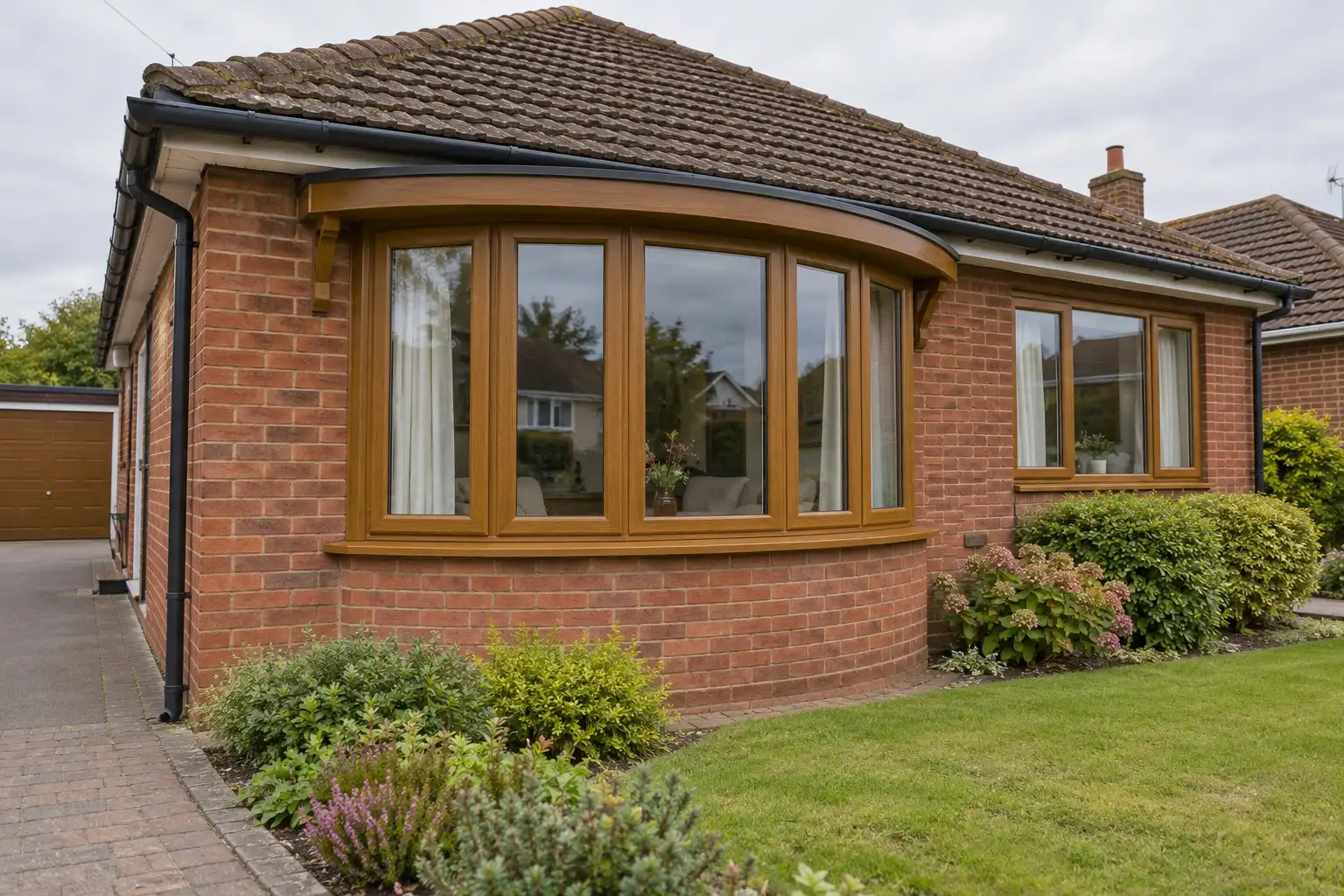 Golden oak five-facet bow replacement window with clear glazing