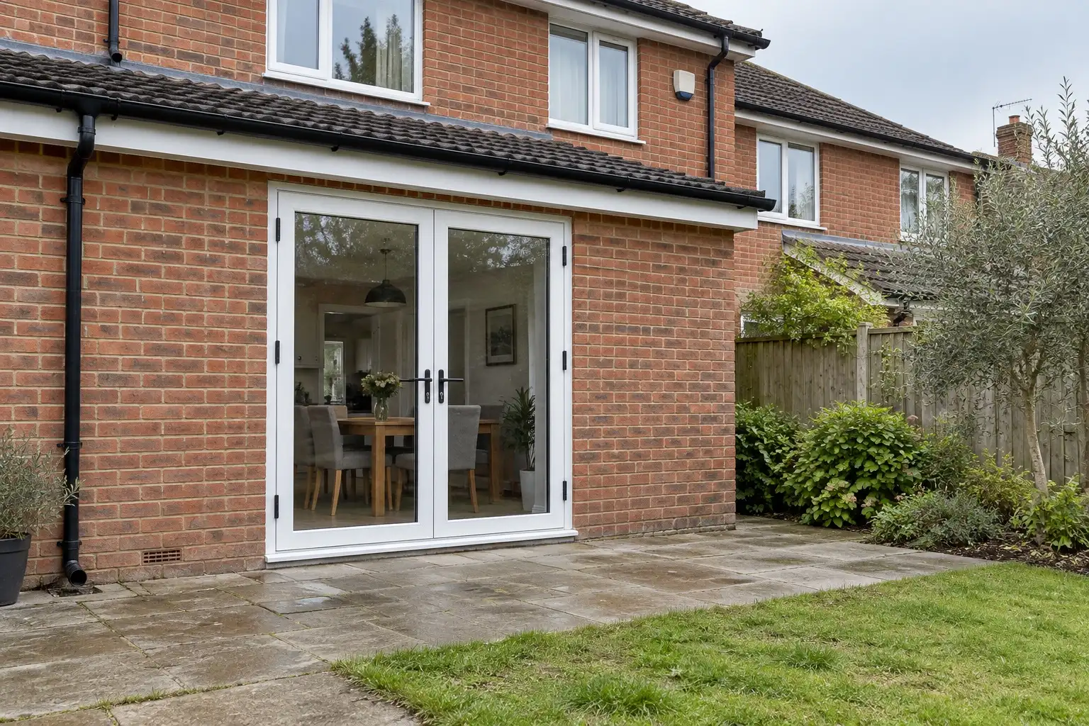 White glazed French doors with black handles