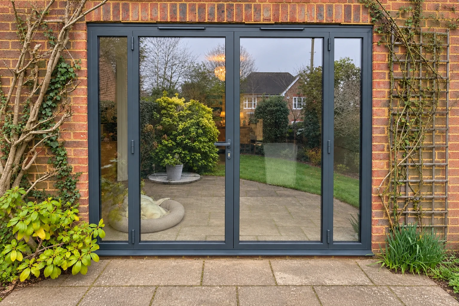 Anthracite French doors with sidelights installed on a home exterior