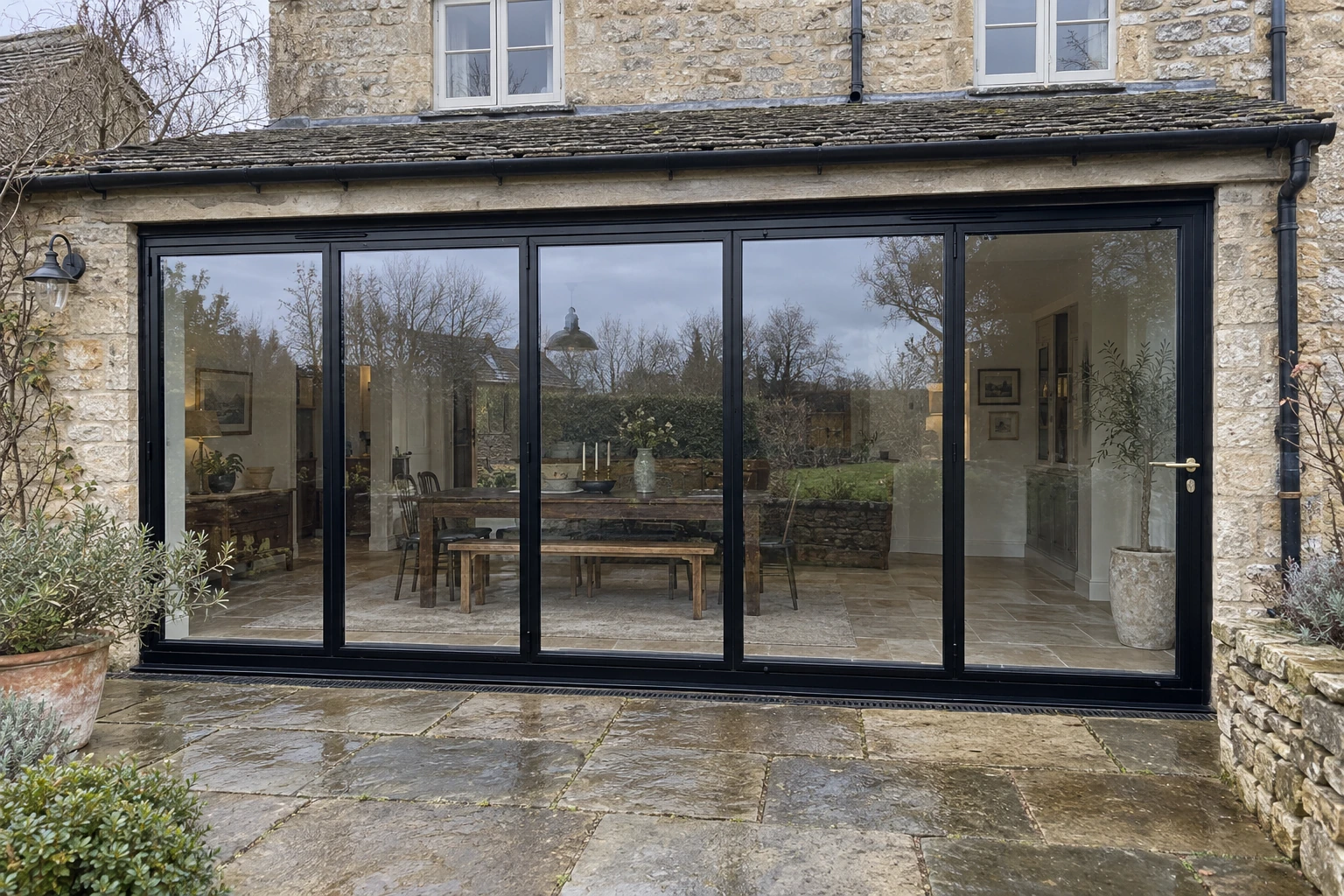 Black five-panel bifold doors at a stone farmhouse