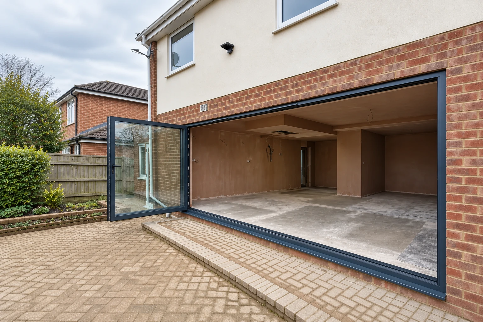 Bifold door inspiration: Anthracite bifold open brickwork enhanced