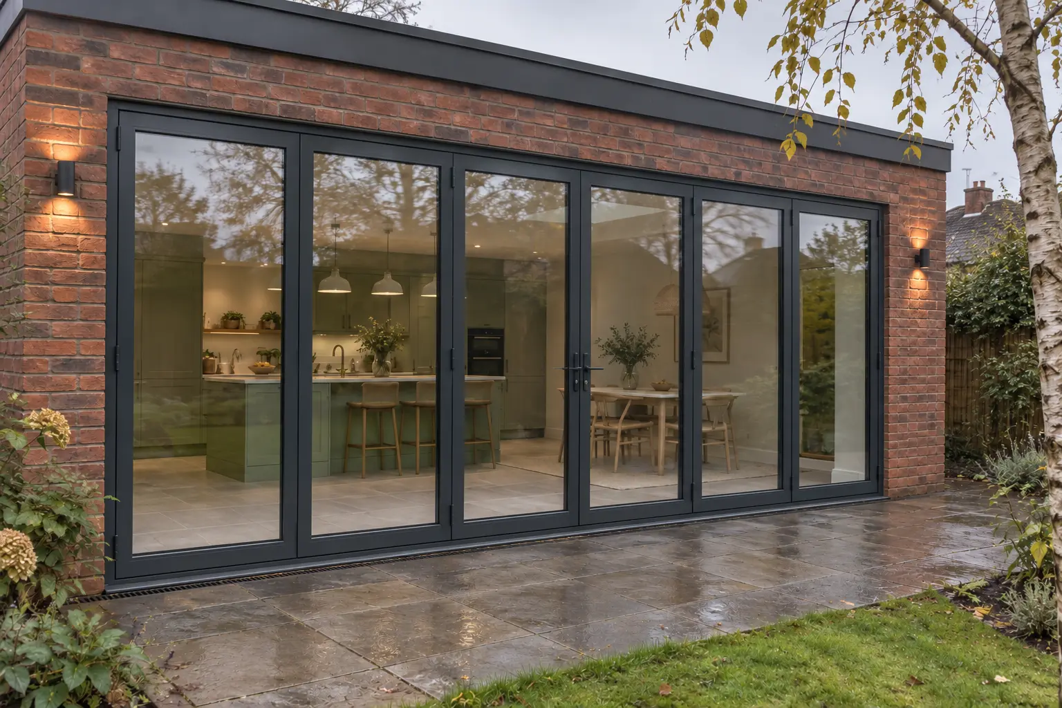 Six-panel bifold doors on a UK home