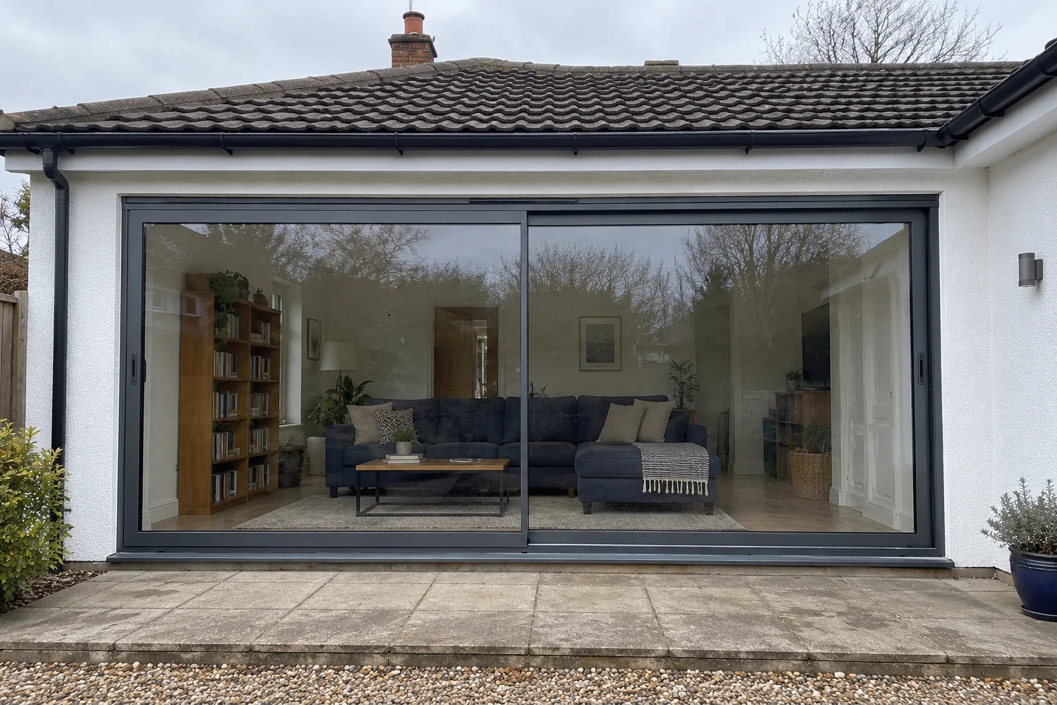 Two-panel sliding doors fitted to a bungalow