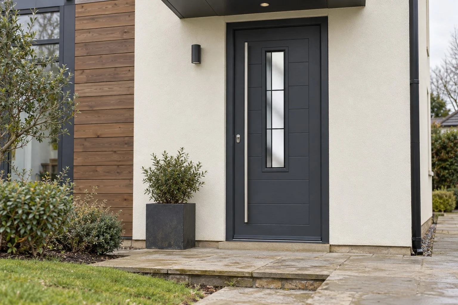 Nova anthracite grey contemporary composite front door with Aurora glazing