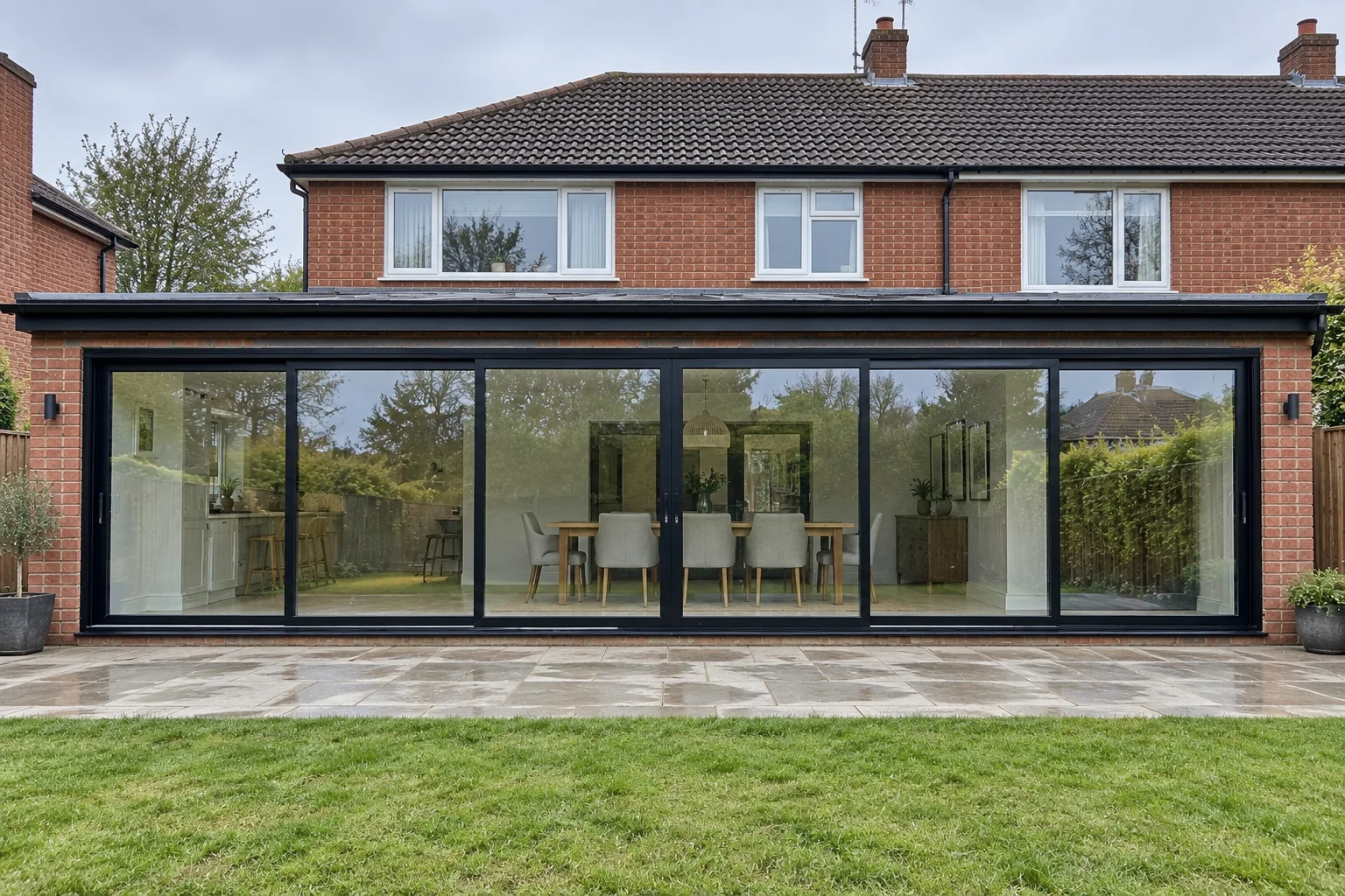 Six-panel sliding doors on a brick extension
