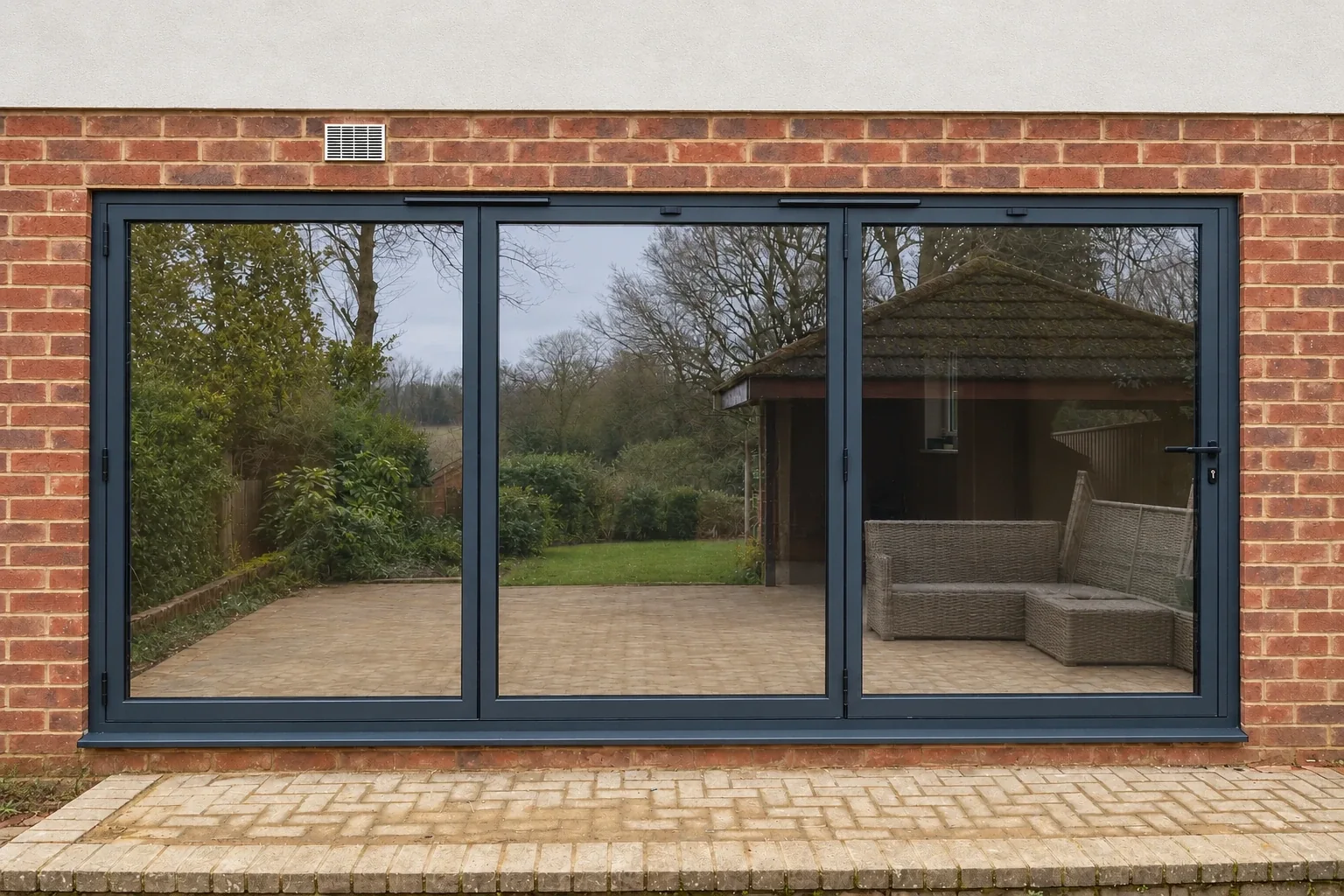 Anthracite aluminium bifold doors fitted to brick exterior