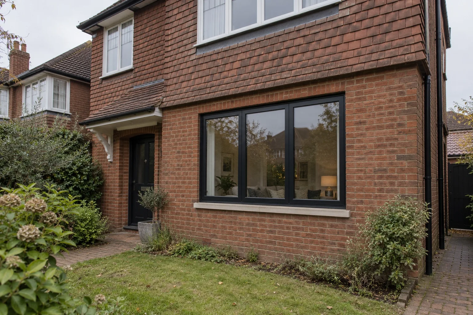 Black three-pane flush replacement window with clear glazing