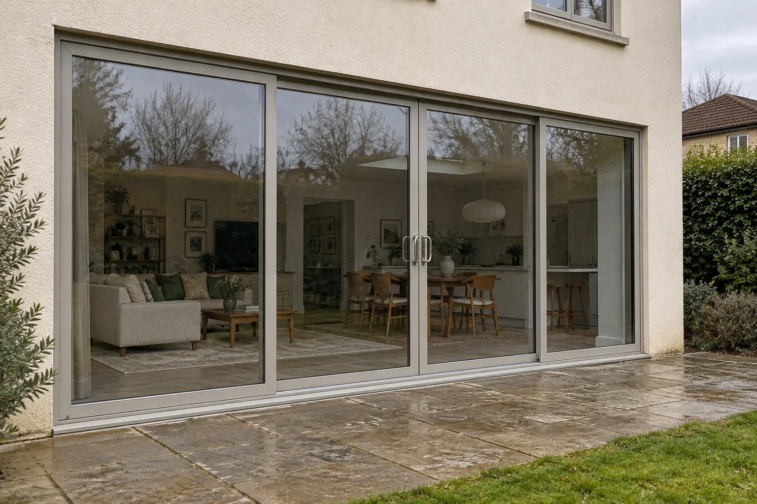 Pebble grey four-panel Cortizo sliding doors